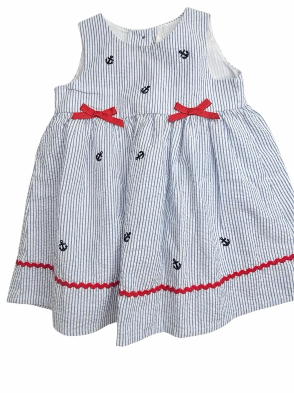 STARTING OUT Blue Striped Seersucker Nautical Embroidered Anchor Dress Sz 18 Mos